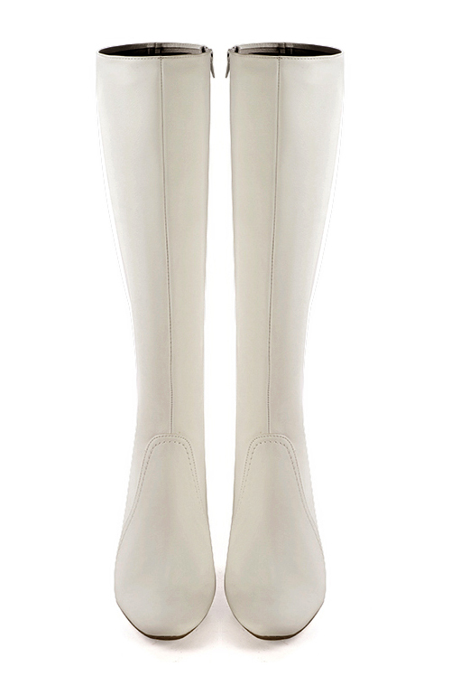 Off white women's feminine knee-high boots. Round toe. High block heels. Made to measure. Top view - Florence KOOIJMAN